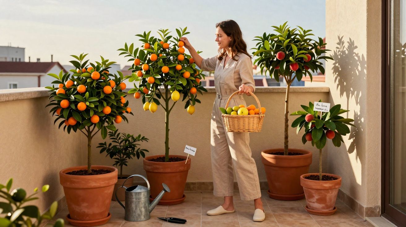 Mulher colhendo frutas em árvores cítricas plantadas em vasos em uma varanda ensolarada.