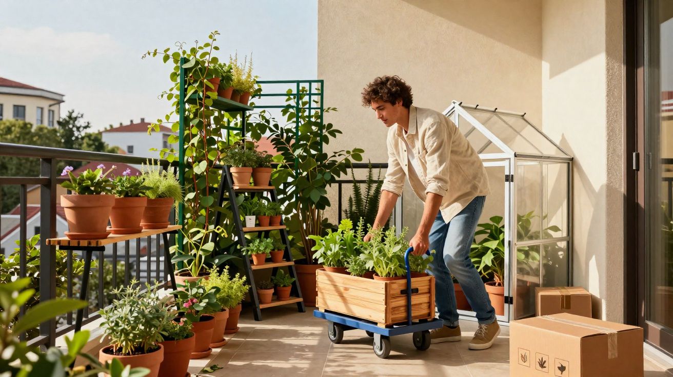 Homem cuidando de plantas em vasos em varanda com carrinho de madeira e pequenas caixas de papelão.