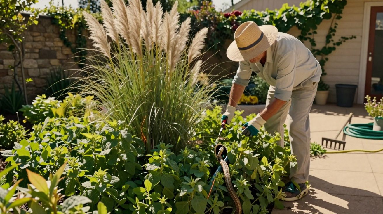 Homem com chapéu trabalhando em jardim com plantas e grama alta sob sol.