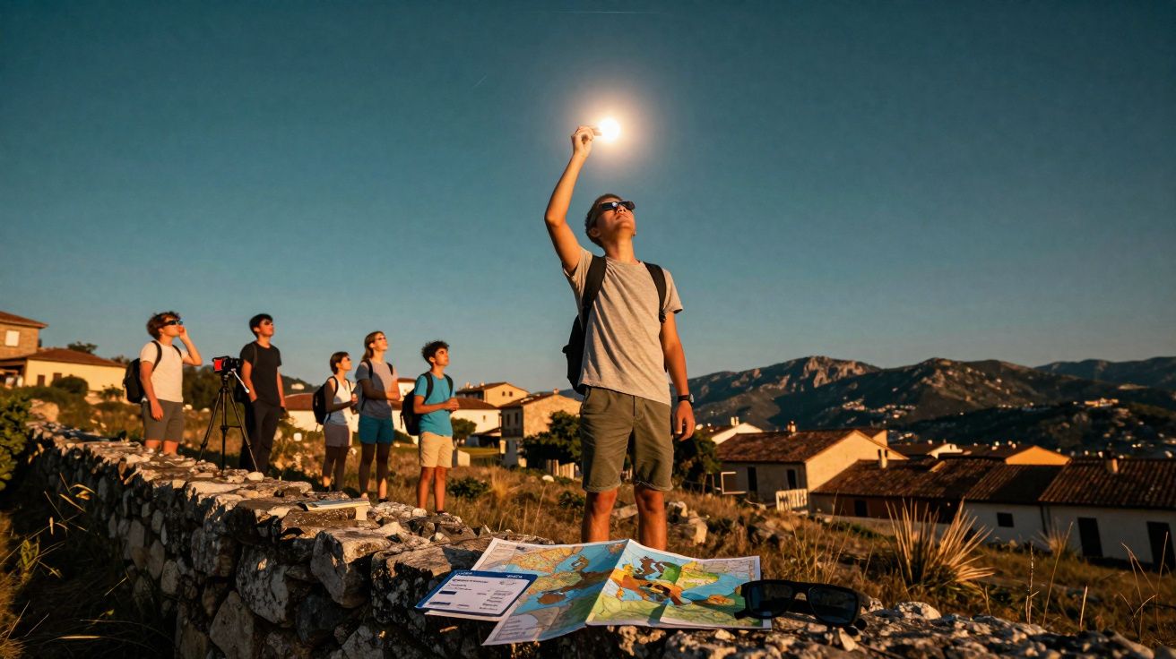 Jovem segurando o sol com a mão enquanto grupo observa o nascer do sol em área rural ao entardecer.