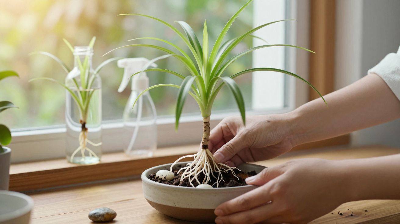 Mãos plantando muda de planta com raízes expostas em vaso sobre bancada de madeira próximo a janela.