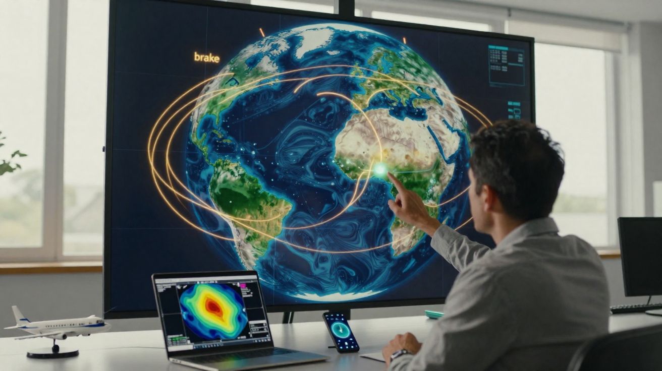 Homem apontando para tela grande com mapa global e linhas de conexão, laptop e miniatura de avião na mesa.