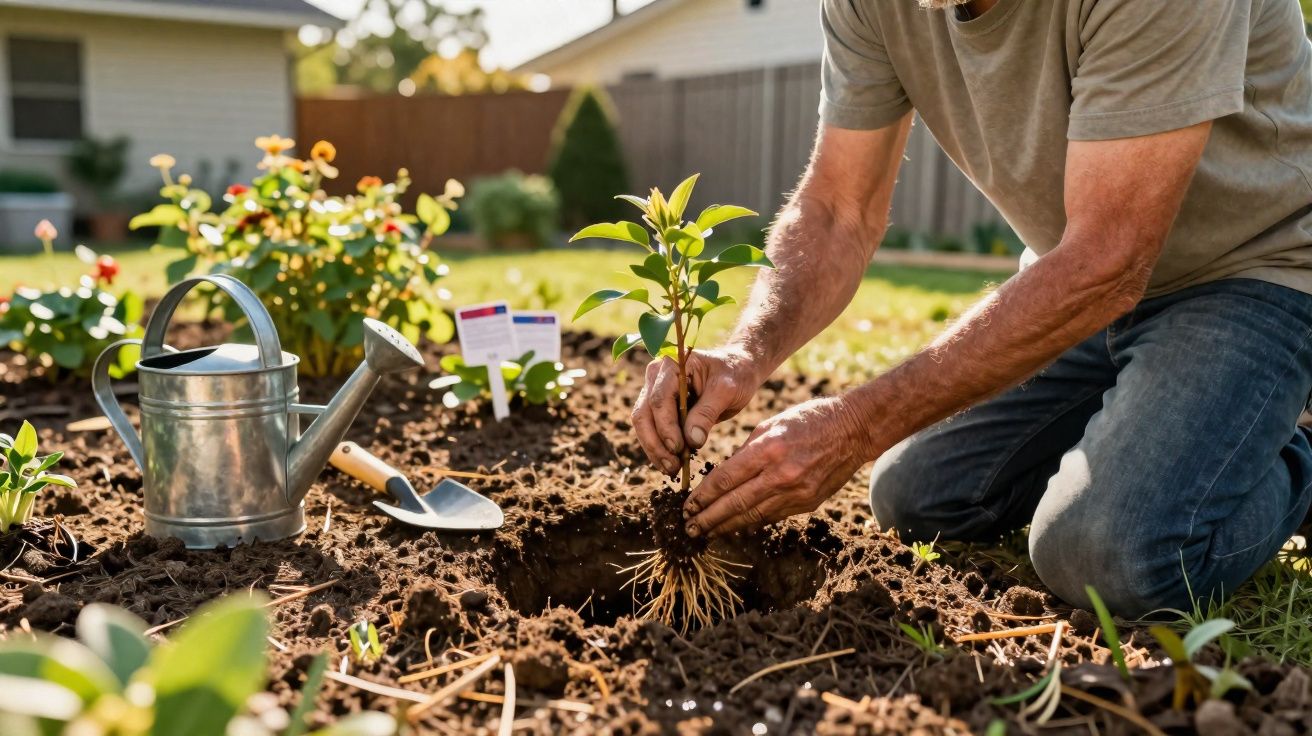 Pessoa plantando muda em vaso de jardim com regador e pá ao lado em dia ensolarado.