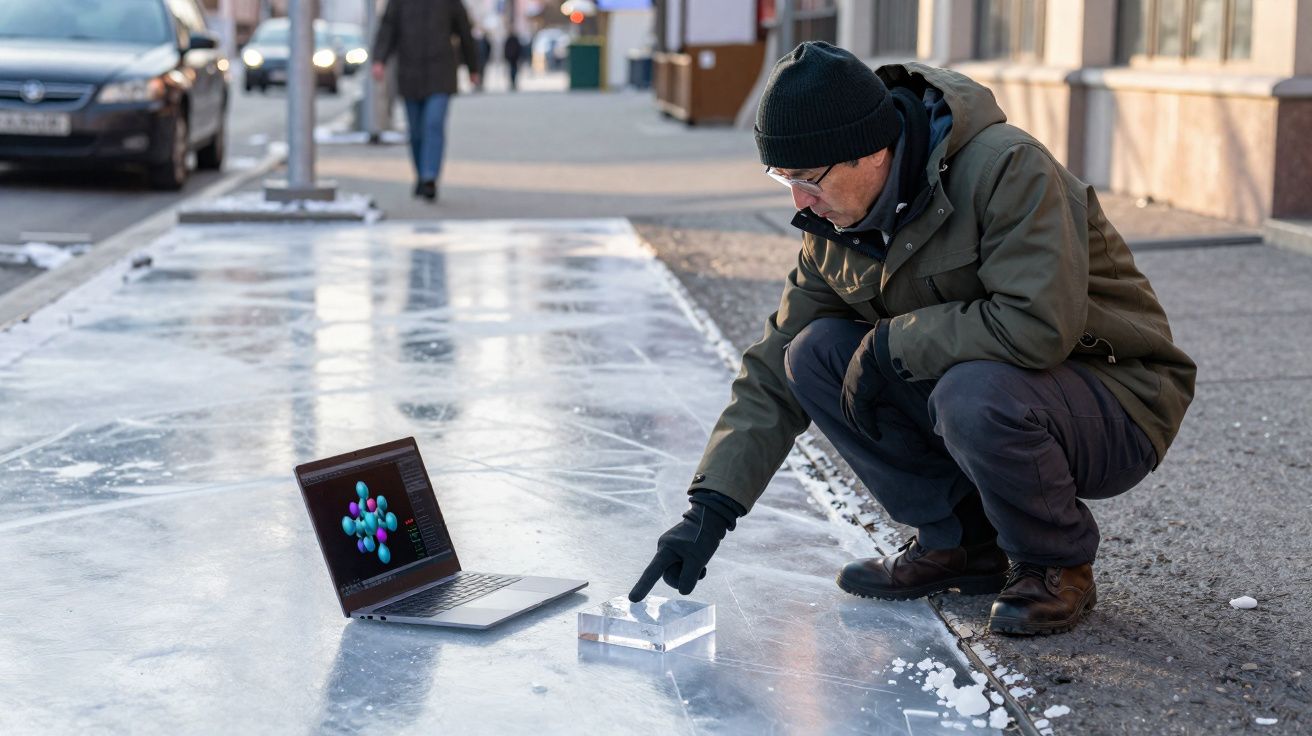 Homem agachado na rua com luvas, apontando para cubo transparente ao lado de notebook aberto sobre gelo.