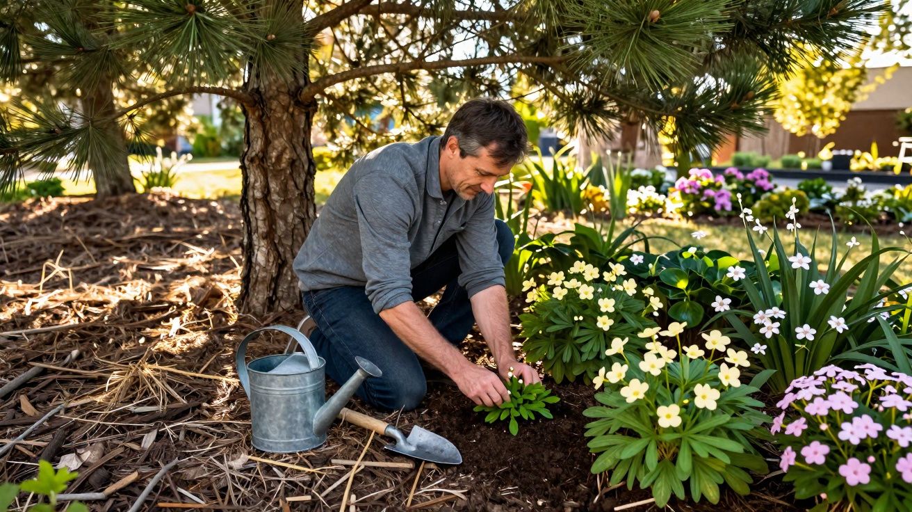 Homem plantando flores em jardim sob uma árvore com regador e pá ao lado em dia ensolarado.