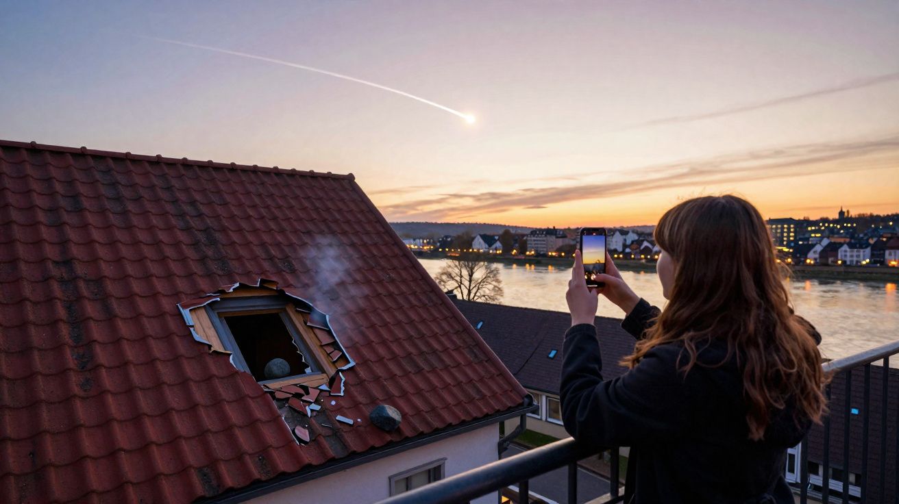 Mulher fotografa meteoro caindo e causando buraco com fumaça em telhado de casa ao pôr do sol.
