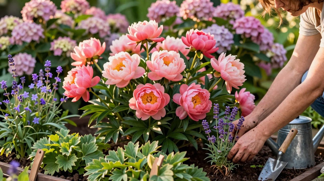 Pessoa cuidando de flores rosas e plantas em jardim ensolarado com regador e pá ao lado.