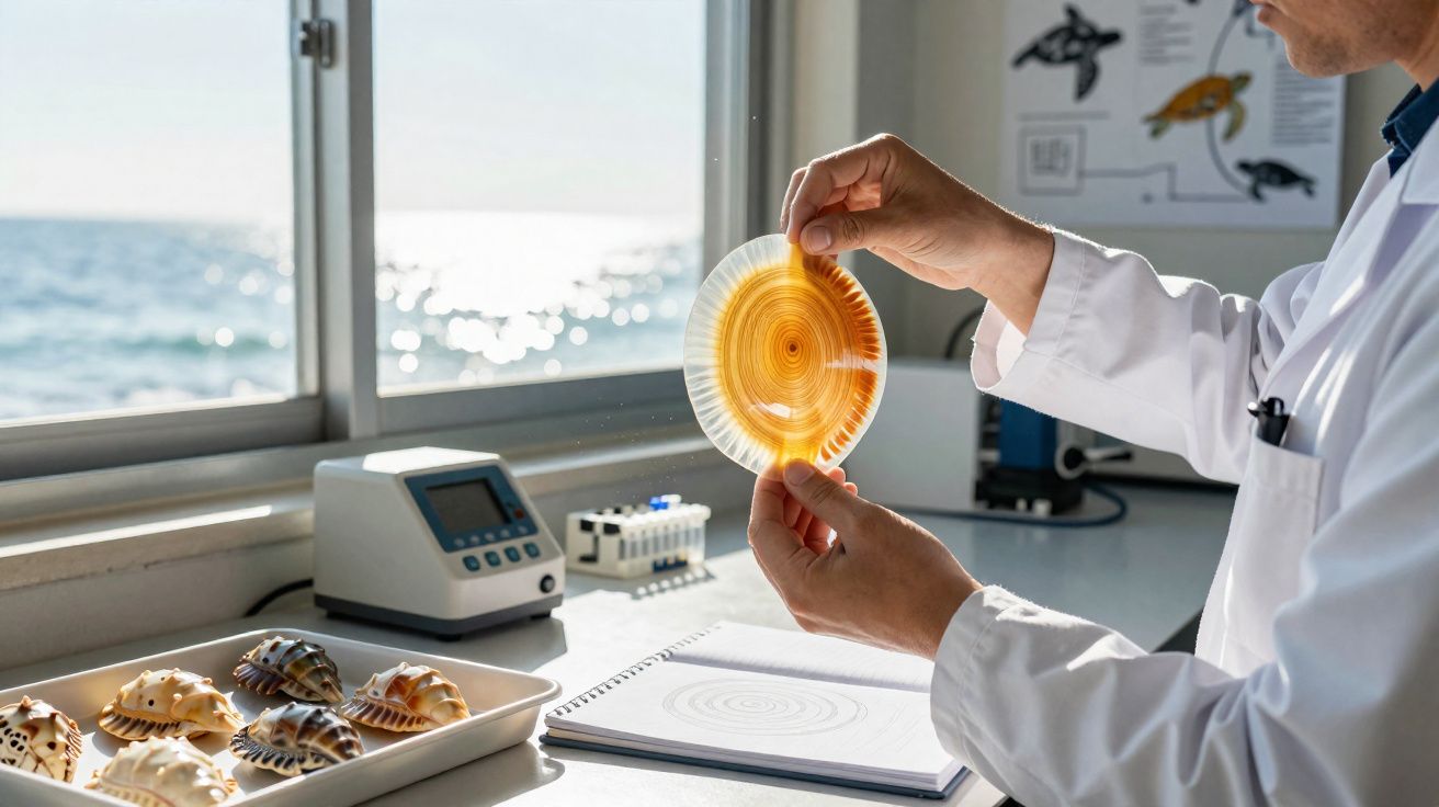 Cientista em laboratório observa disco com padrão circular ao lado de conchas marinhas e janela com vista para o mar.