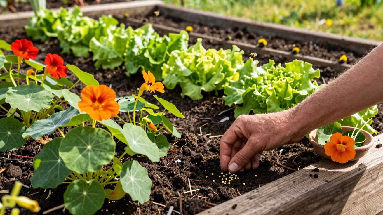 Mão semeando sementes em canteiro com flores laranja e alfaces verdes em jardim elevado.
