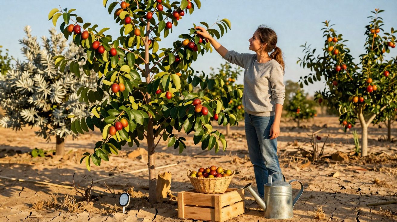 Mulher colhendo frutas vermelhas em árvore, cesta com frutas, regador e caixa de madeira no chão seco.