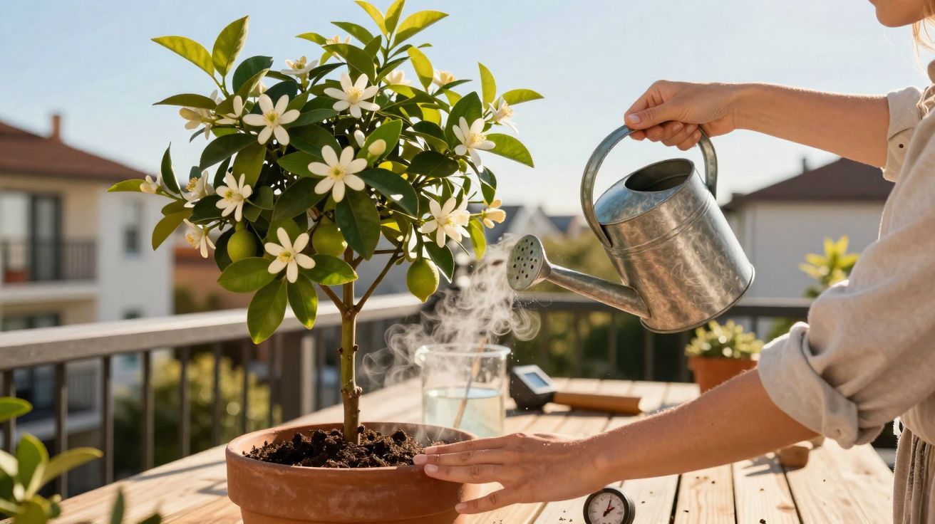 Pessoa regando planta florida em vaso de cerâmica sobre mesa de madeira ao ar livre.