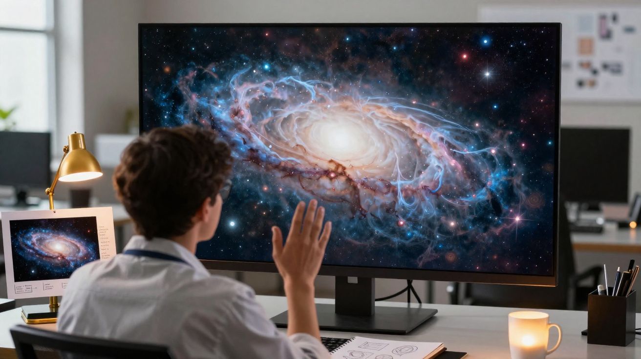 Pessoa observando imagem da galáxia no computador em ambiente de escritório moderno.