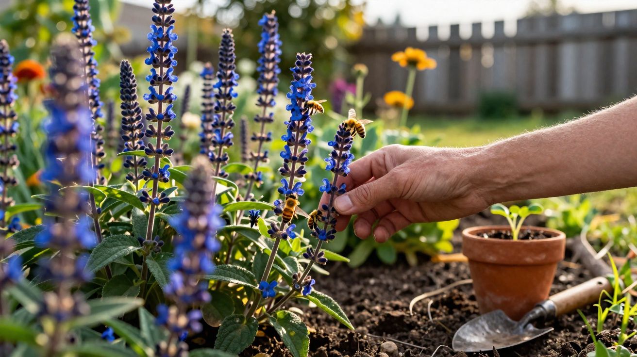 Mão tocando flor azul num jardim com abelhas; vaso de planta e pá no chão ao lado.