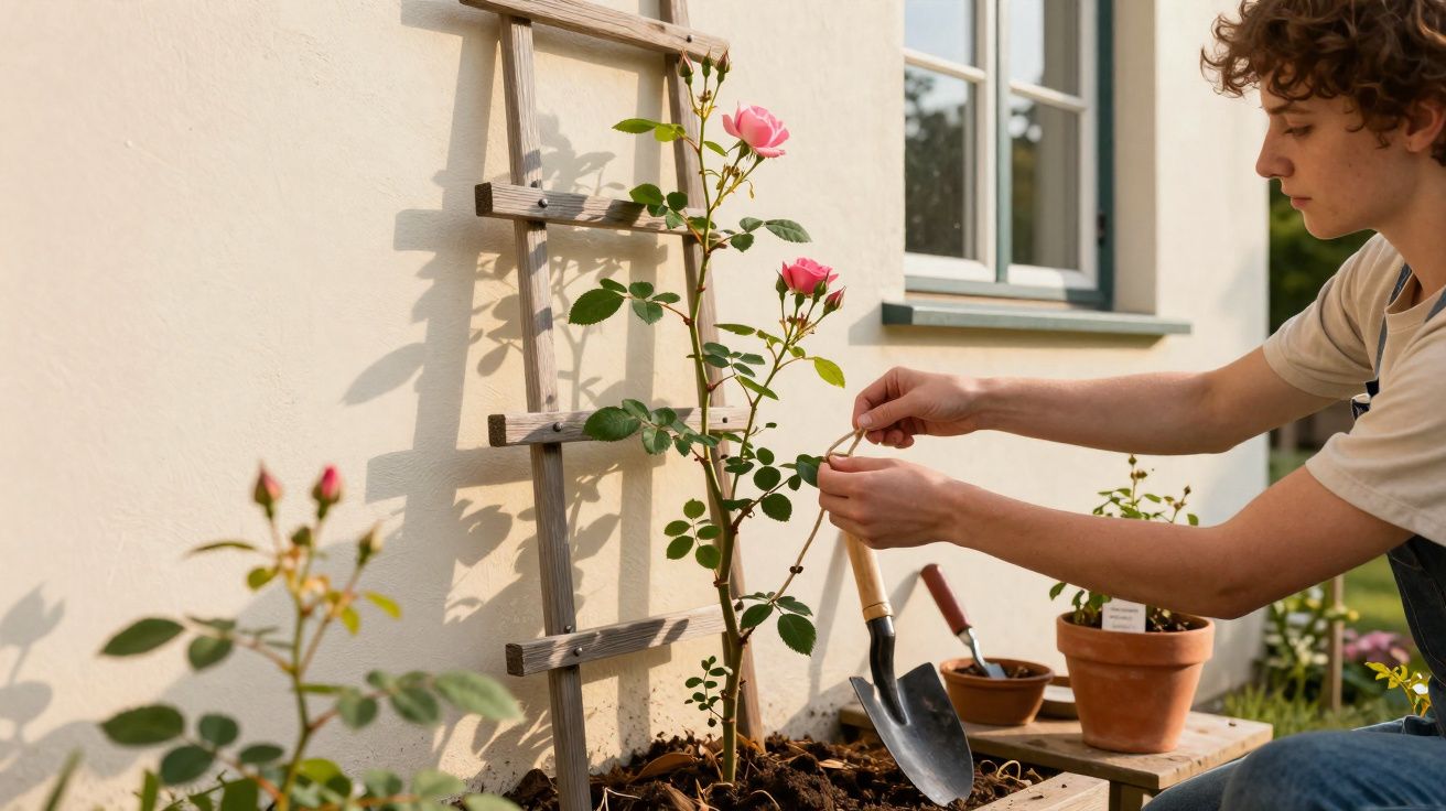 Jovem cuidando de planta de rosa com flores cor de rosa perto de parede com janela, em jardim externo.