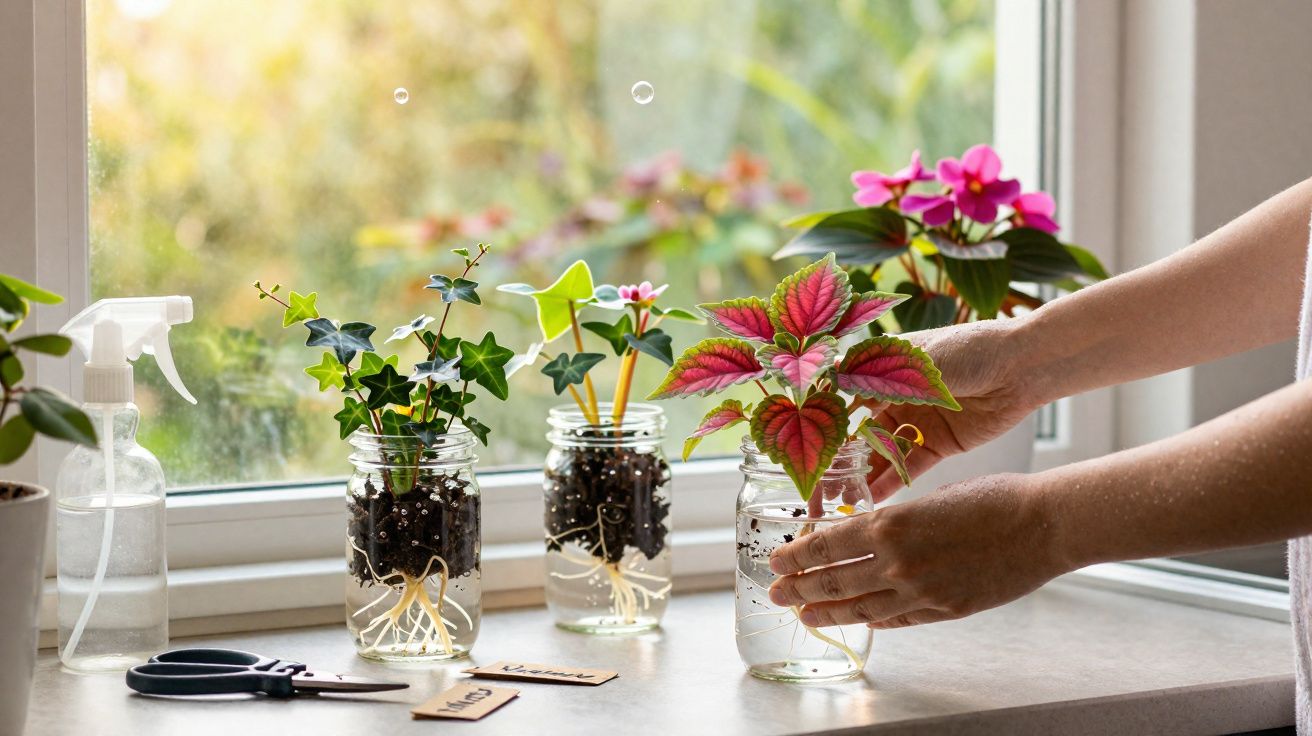 Mãos cuidando de plantas com raízes em frascos de vidro sobre bancada perto de janela com luz natural.