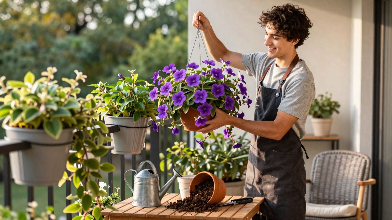 Jovem segurando vaso com flores roxas em varanda, cercado por plantas e ferramentas de jardinagem.