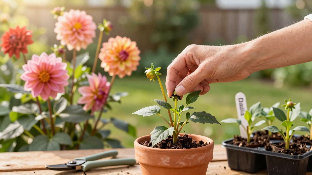 Mão cuidando de uma muda de dália em vaso de barro com flores cor-de-rosa ao fundo em jardim.