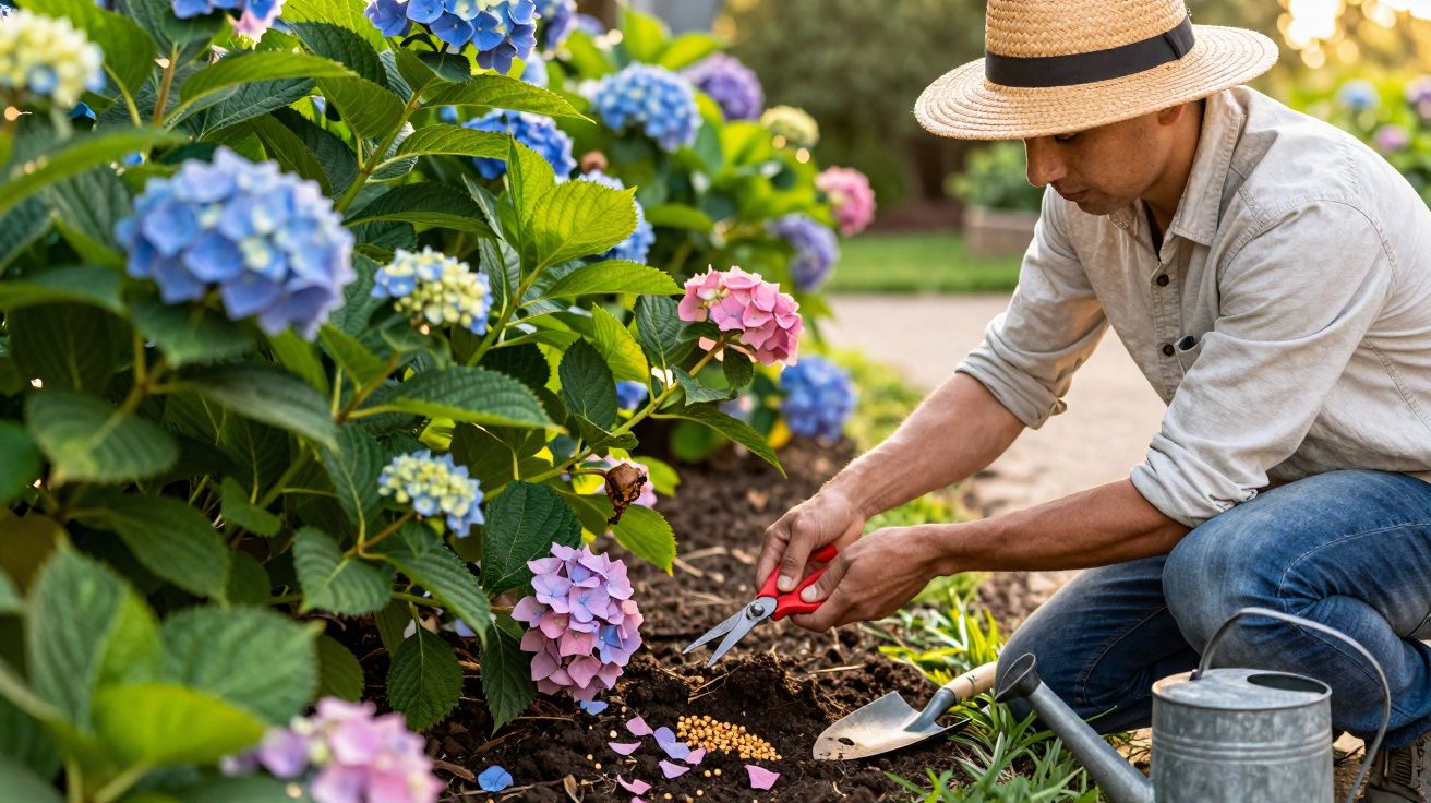 Homem com chapéu podando flores de hortênsia coloridas em jardim ao ar livre.
