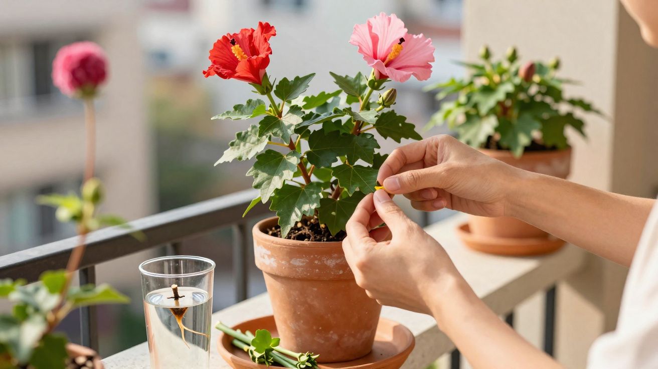 Pessoa cuidando de flores vermelha e rosa em vaso de cerâmica num parapeito de varanda ensolarado.