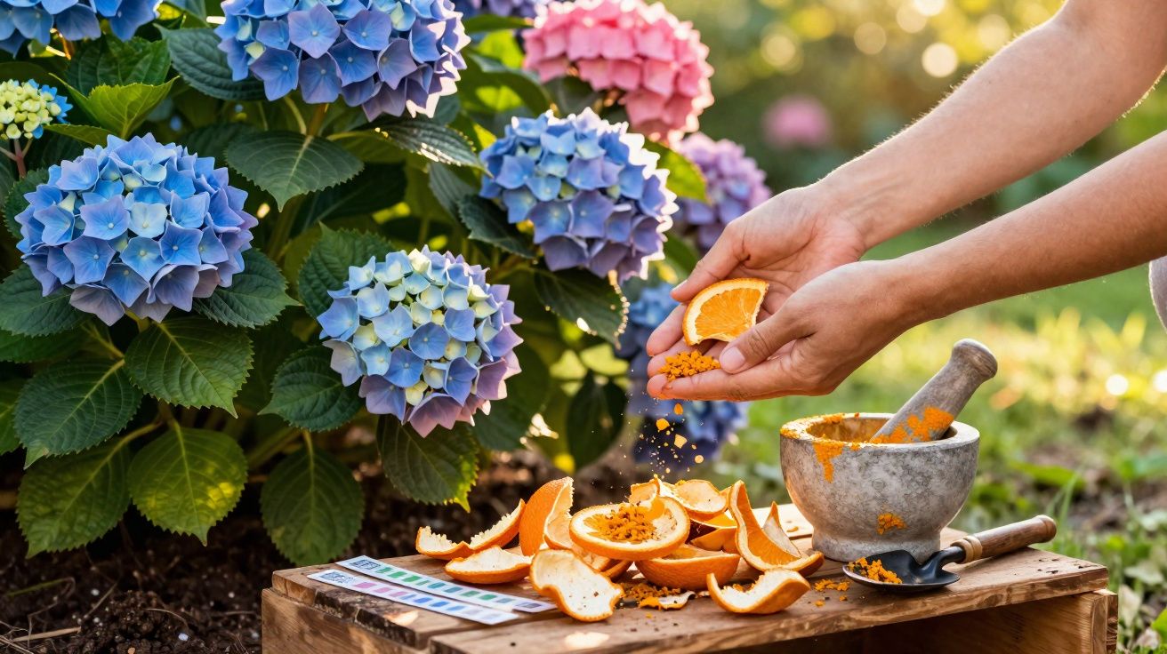 Flores de hortênsia coloridas com mãos preparando fertilizante caseiro de cascas de laranja em jardim.