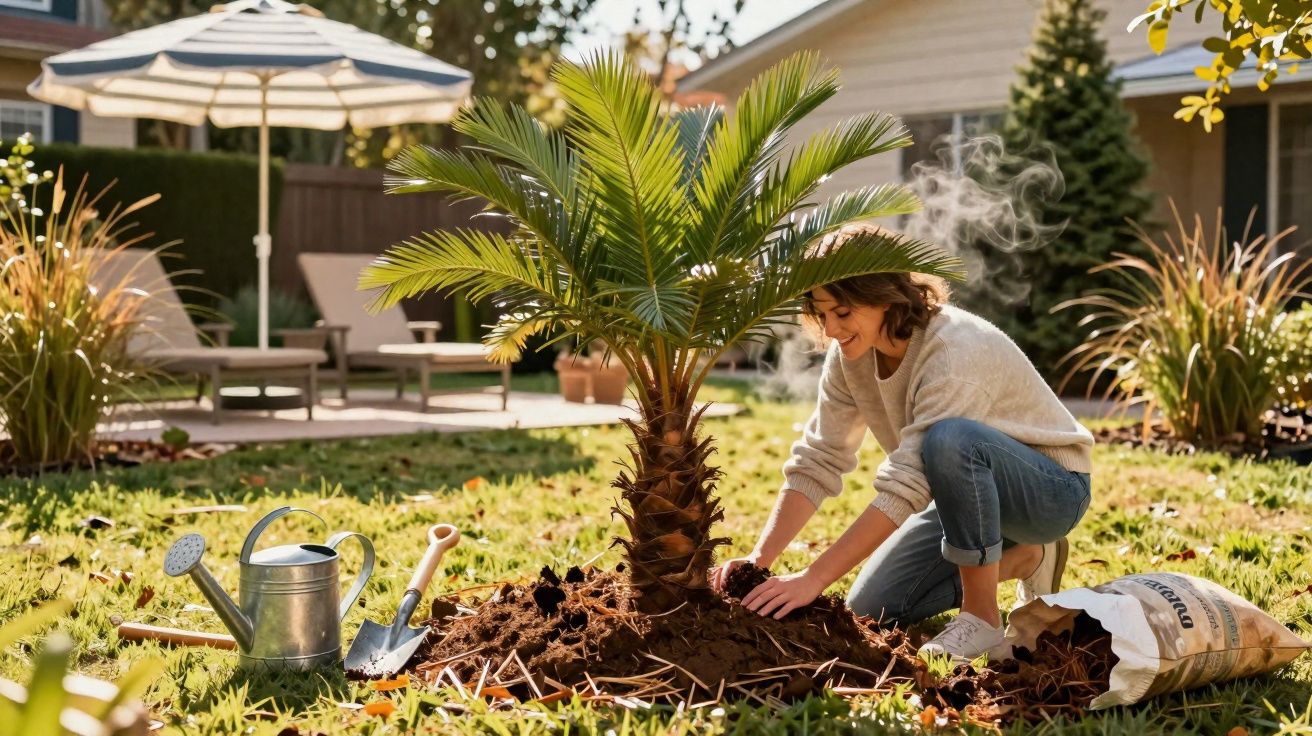 Pessoa plantando uma muda de palmeira no jardim, com regador, pá e saco de terra ao lado.