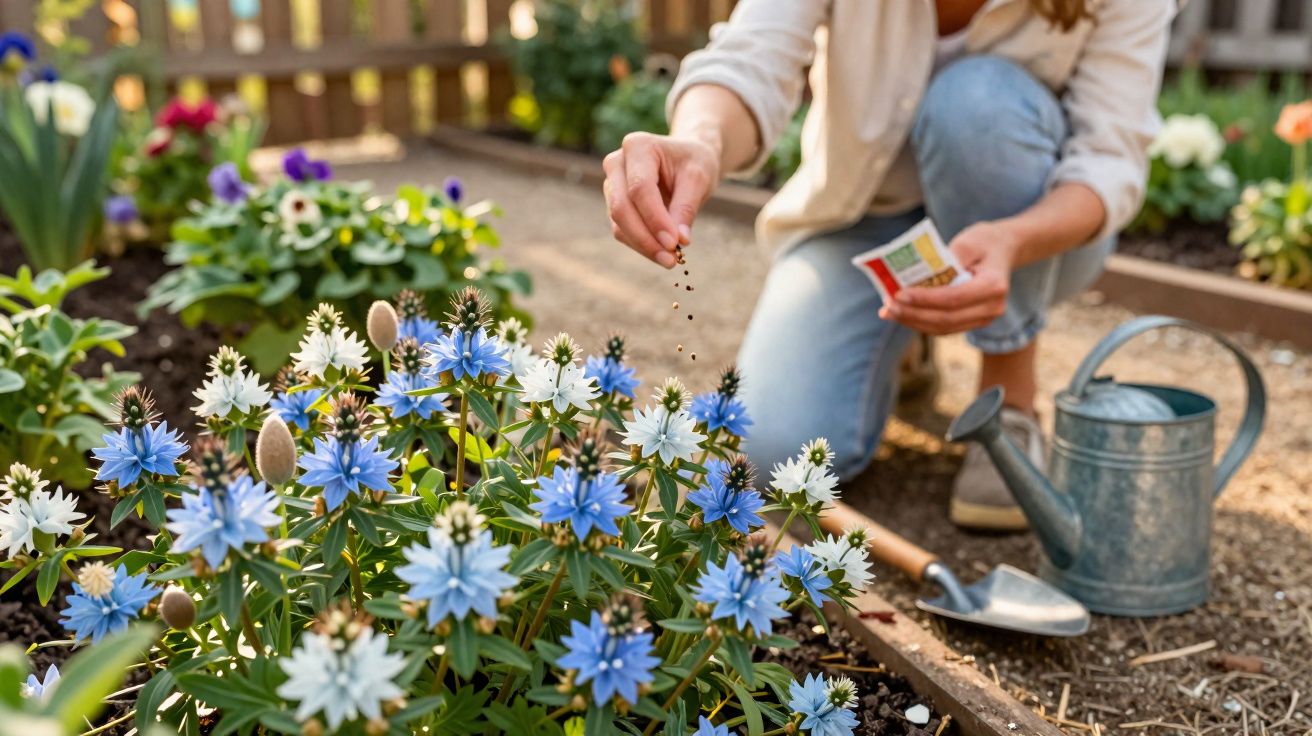 Pessoa sem rosto plantando sementes em canteiro com flores azuis e brancas em jardim ensolarado.