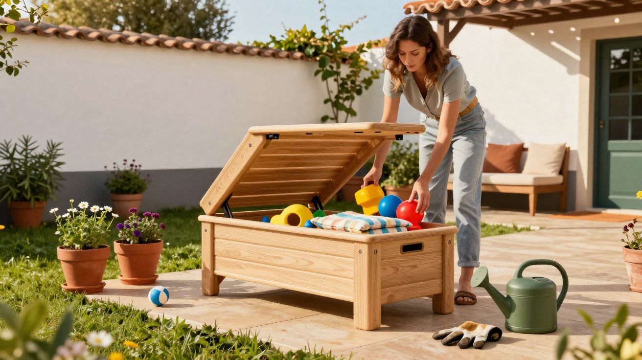 Mulher guardando brinquedos coloridos em baú de madeira em jardim com plantas e regador ao lado.