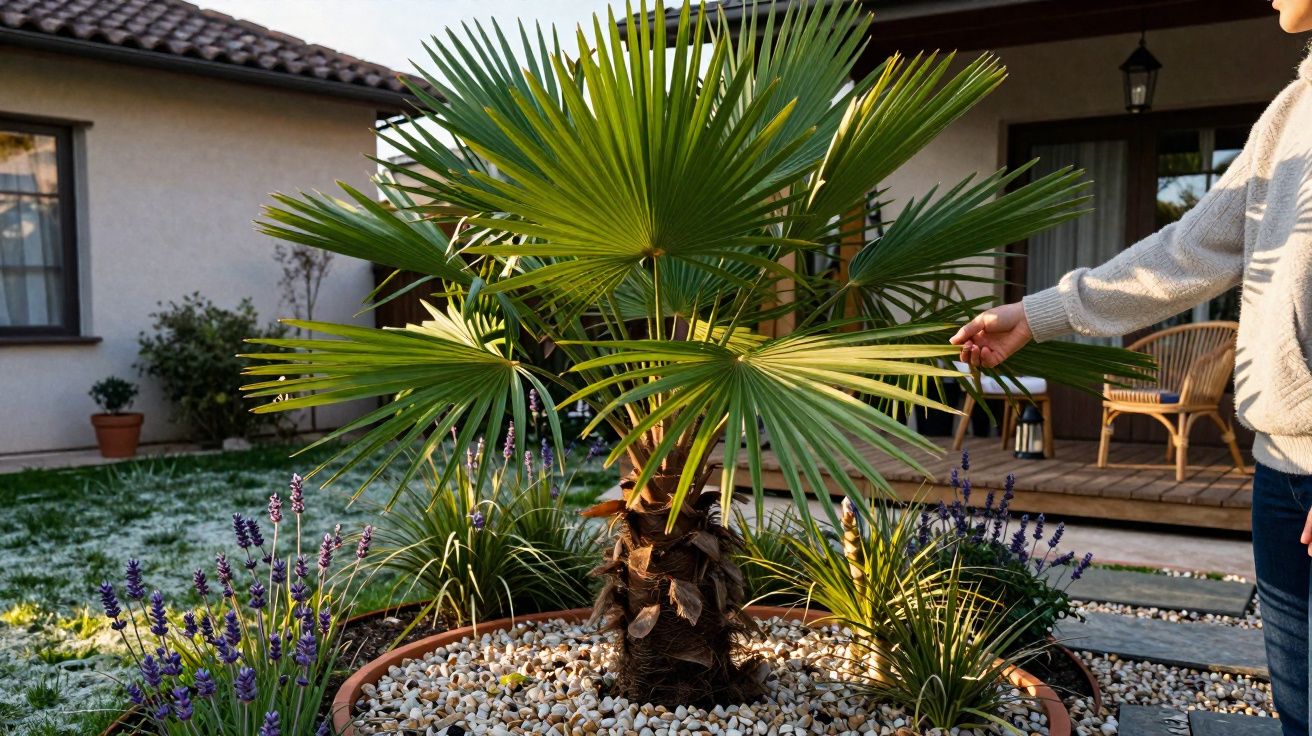 Jardim com palmeira em vaso grande decorado com pedras brancas e flores roxas, ao lado de varanda.