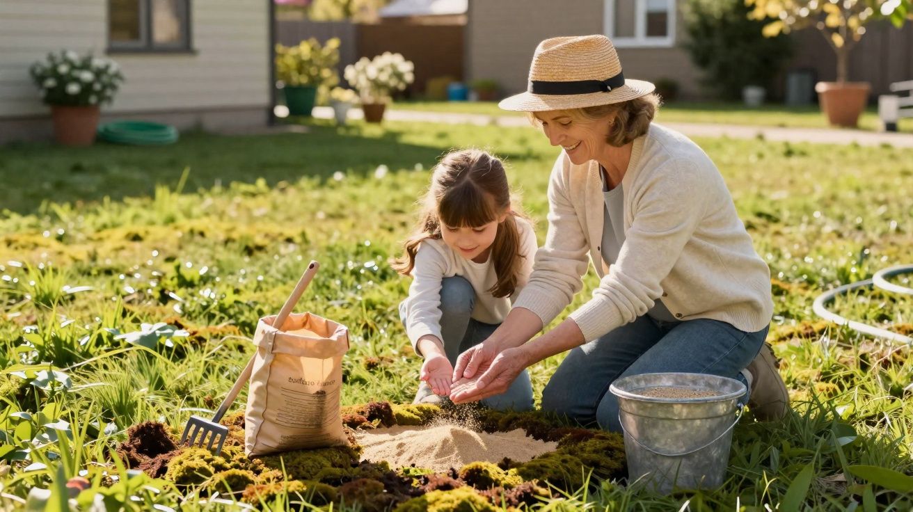 Mulher e criança plantando em jardim, com ferramentas e balde ao redor, em dia ensolarado.