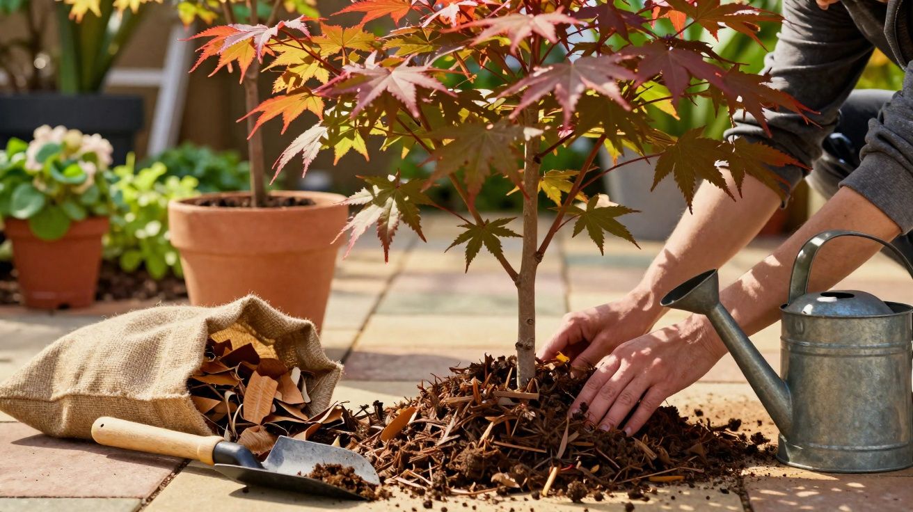 Pessoa cuidando do solo e cobrindo com folhas secas planta de árvore jovem em vaso no jardim.