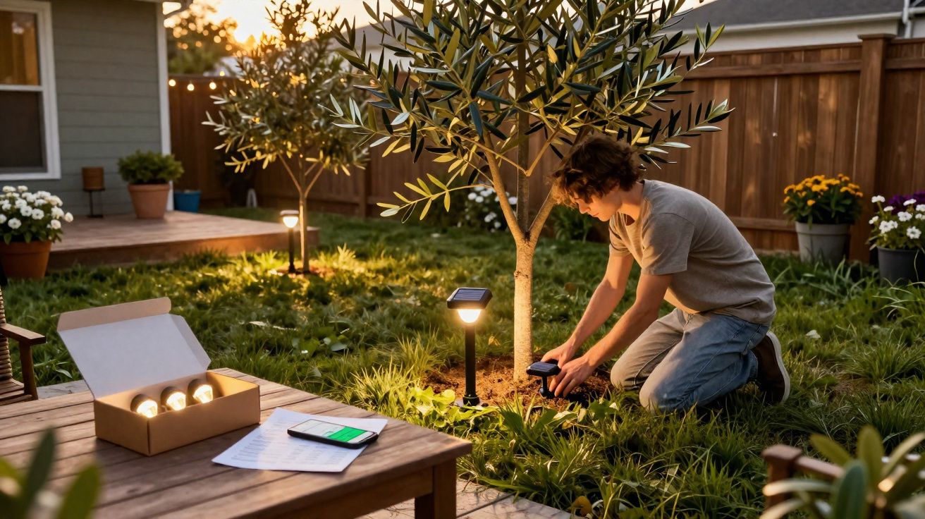 Jovem ajusta luminária solar no jardim à noite, com caixa de luzes e celular em mesa próxima.