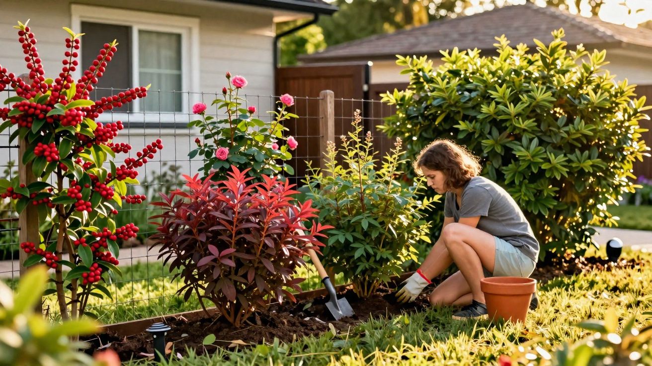 Mulher cuidando de plantas em jardim com diversas folhagens e flores ao entardecer.