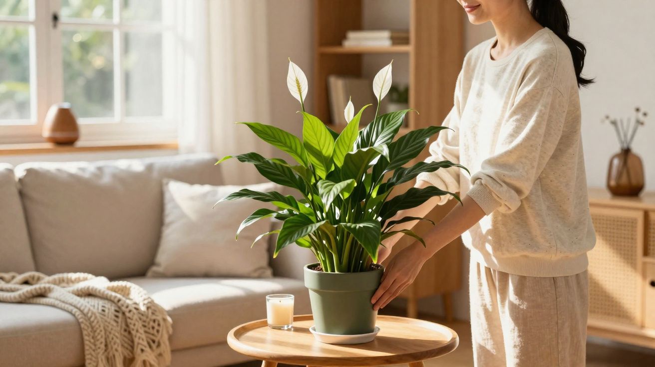Mulher colocando planta em vaso sobre mesa redonda em sala de estar iluminada e aconchegante.