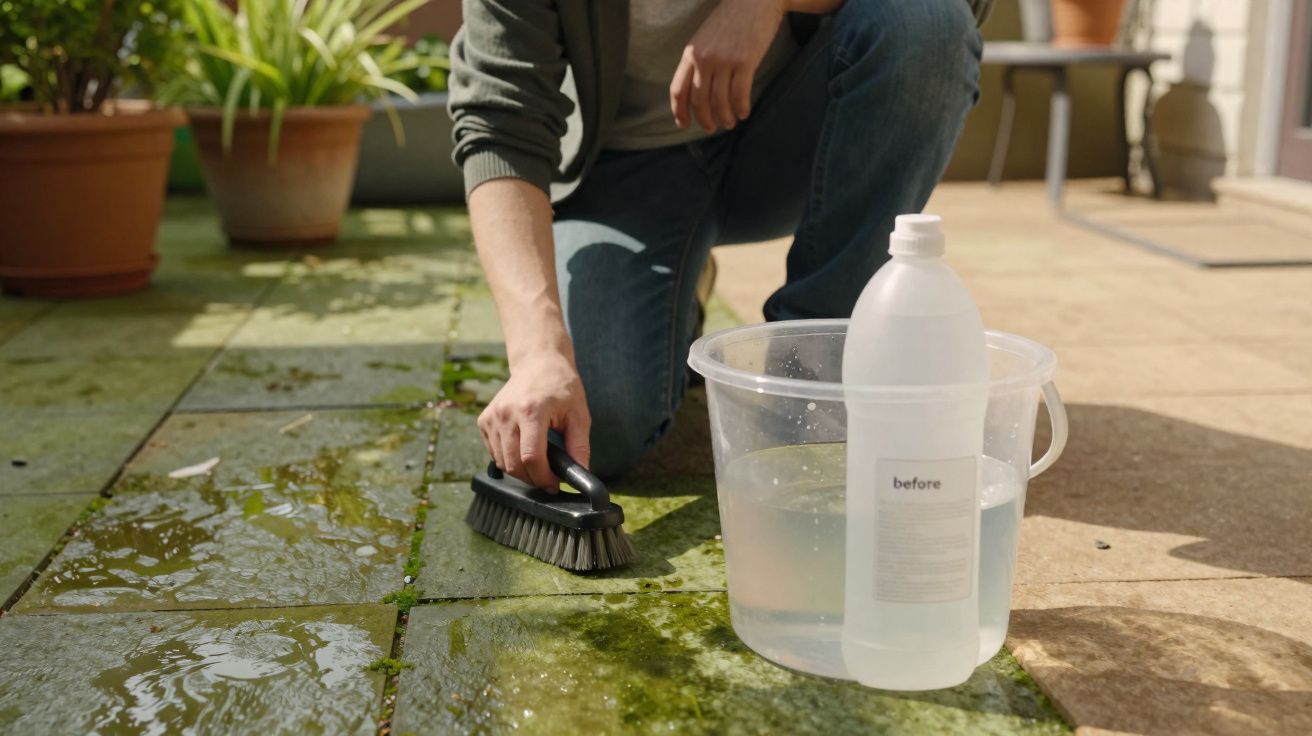 Pessoa limpando piso de pedras com escova, balde com água e produto de limpeza ao lado.