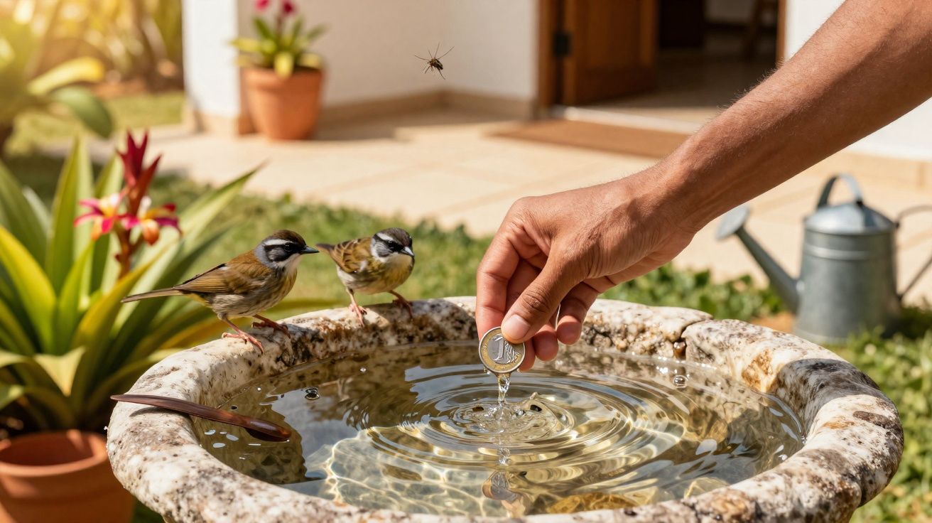 Pássaros bebendo água em fonte de pedra enquanto mão deixa cair moeda e mosquito voa ao fundo.