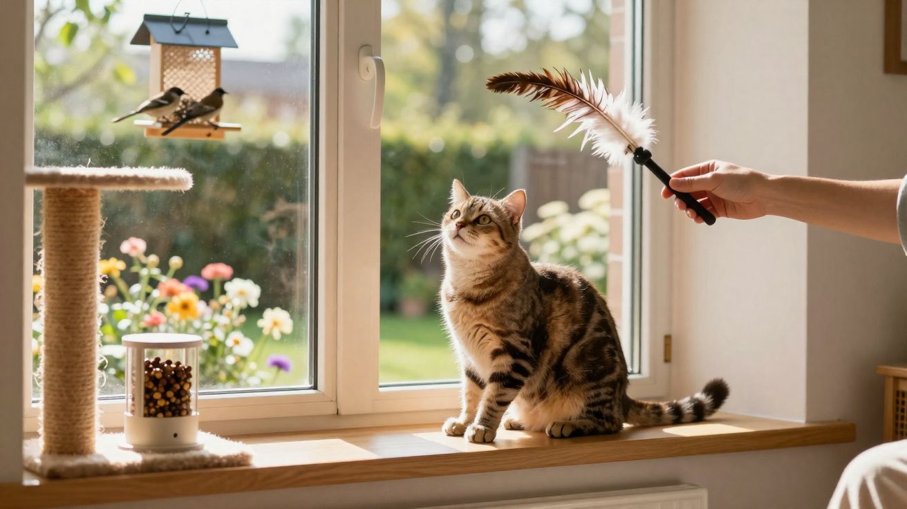 Gato malhado sentado no parapeito observando pássaros na janela enquanto uma pessoa brinca com pena.