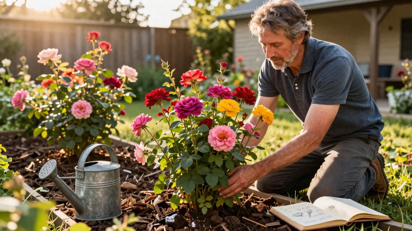 Homem cuidando de flores coloridas em jardim com regador e livro aberto ao lado.