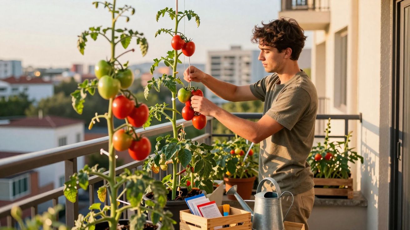 Jovem colhendo tomates maduros em vasos na varanda de apartamento ao entardecer.