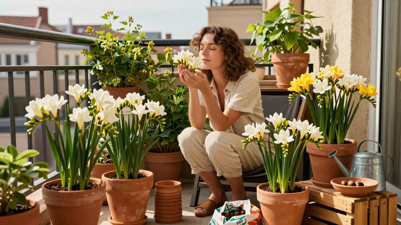 Mulher sentada em varanda rodeada de vasos com flores brancas e amarelas, cheirando uma delas.