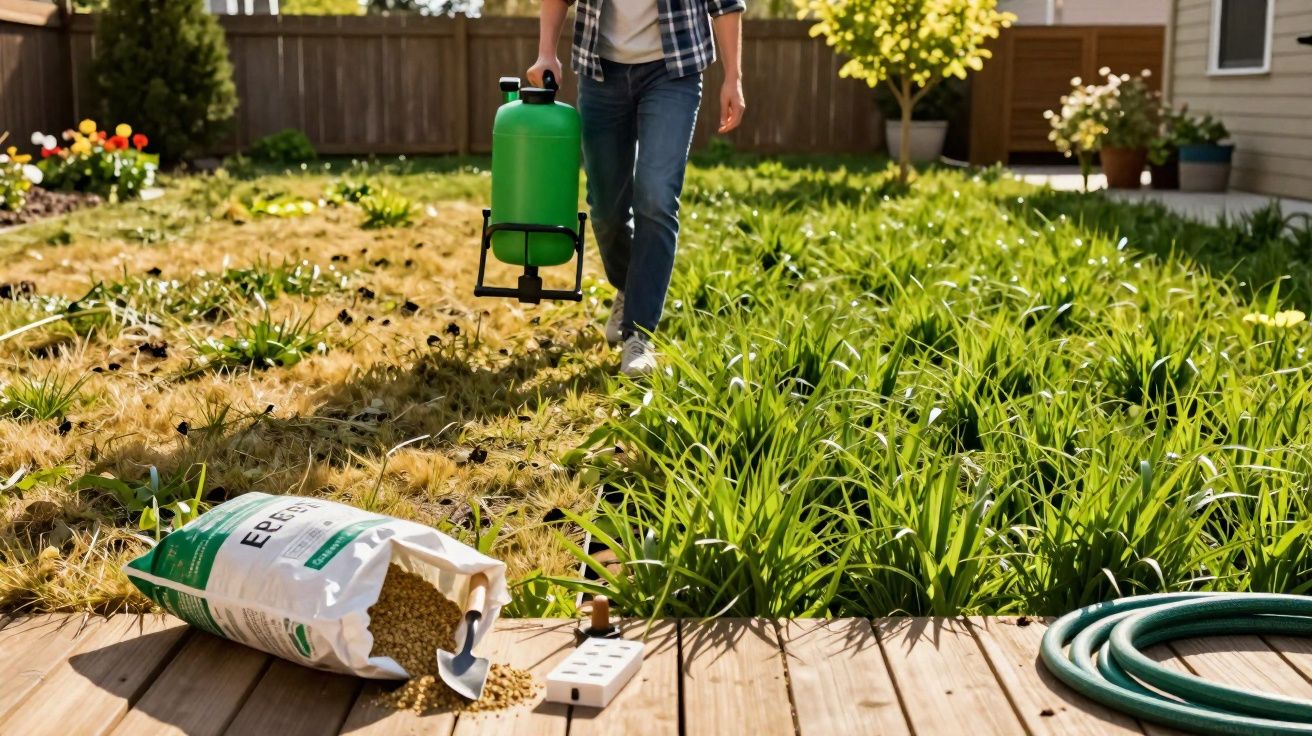 Pessoa com pulverizador andando pelo jardim para cuidar de plantas e sementes espalhadas no chão.