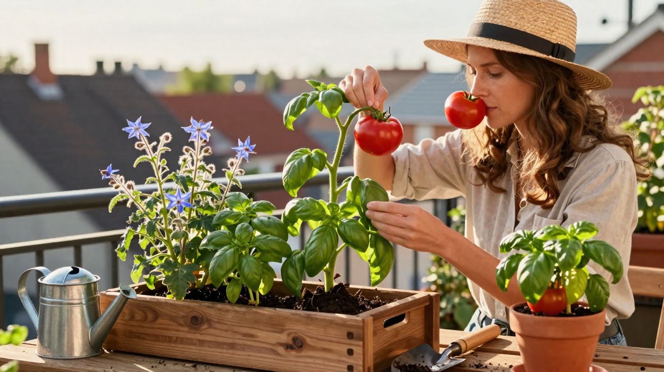 Mulher com chapéu colhendo tomates em vaso na varanda de casa com plantas e regador ao lado.