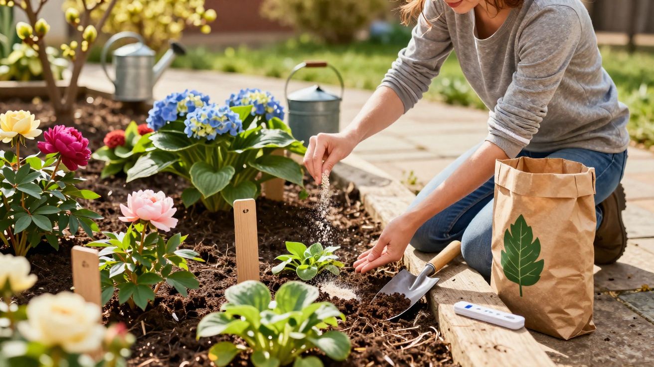 Mulher jardineira cultivando plantas em canteiro com flores coloridas em dia ensolarado.