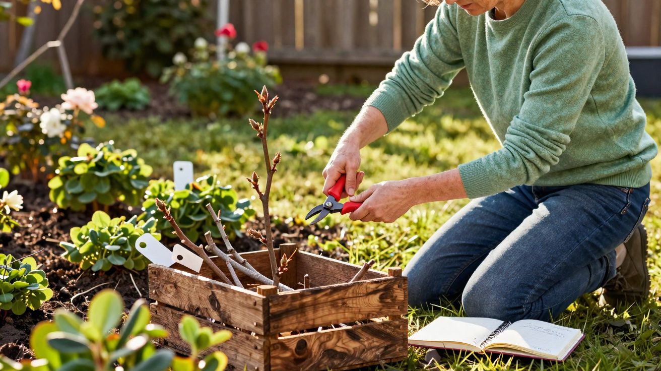 Pessoa podando galhos em jardim com tesoura de poda, caixa de madeira e caderno aberto no gramado.