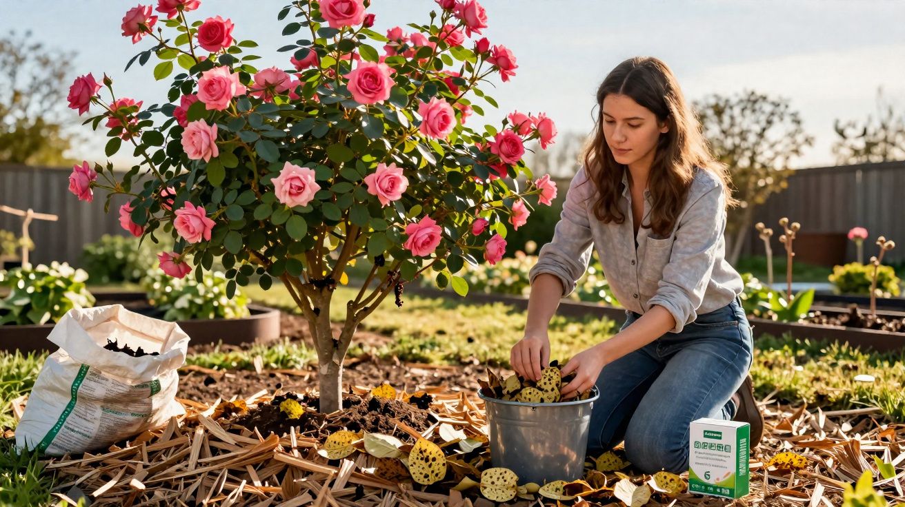 Mulher cuidando de planta com flores rosas em jardim com folhas secas e ferramentas ao redor.