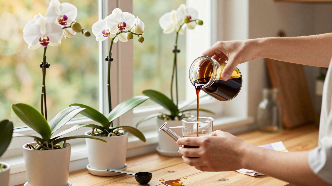 Pessoa despejando café em um copo na bancada perto de orquídeas brancas em vasos brancos.