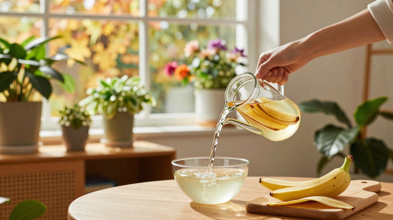 Pessoa despejando água de jarra com rodelas de banana em tigela de vidro sobre mesa com bananas e plantas ao fundo.