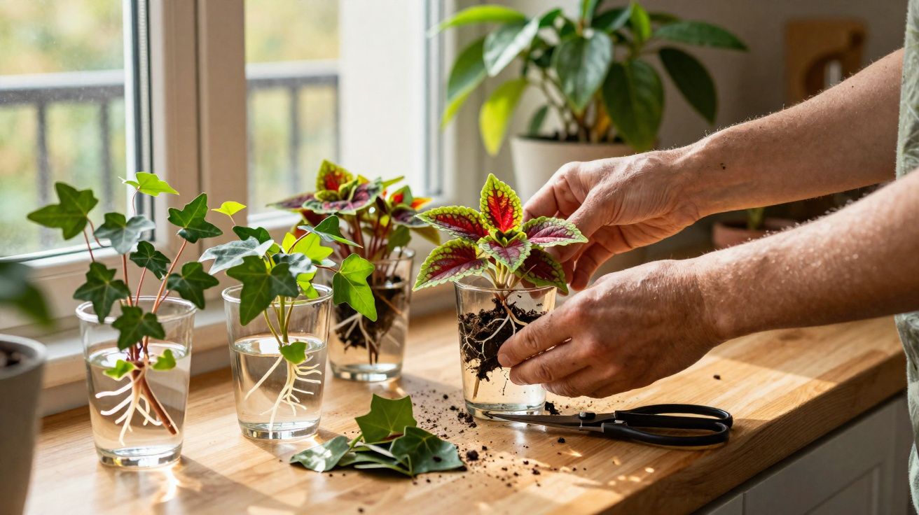 Mãos transplantando plantas com raízes em copos de vidro sobre bancada de madeira junto à janela.