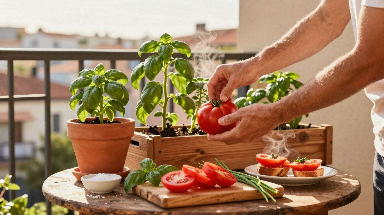 Pessoa segurando tomate fresco perto de plantas de manjericão em vaso, com tomates fatiados e torradas na mesa.