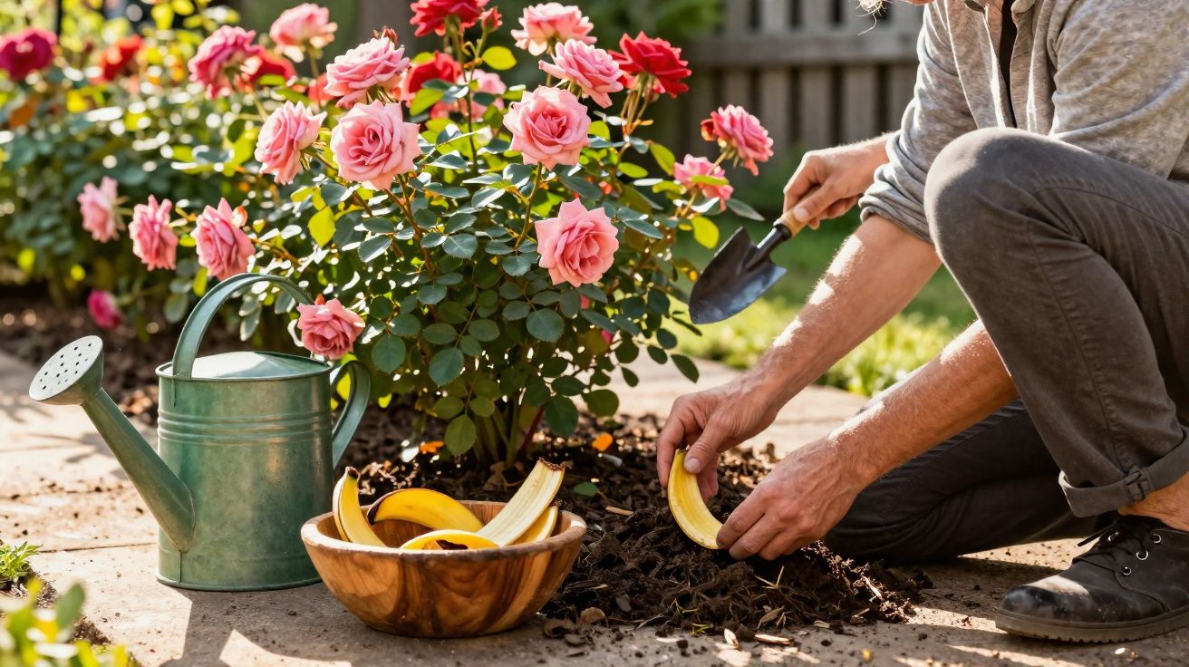 Pessoa colocando casca de banana no solo próximo a um arbusto de rosas cor-de-rosa em jardim ensolarado.