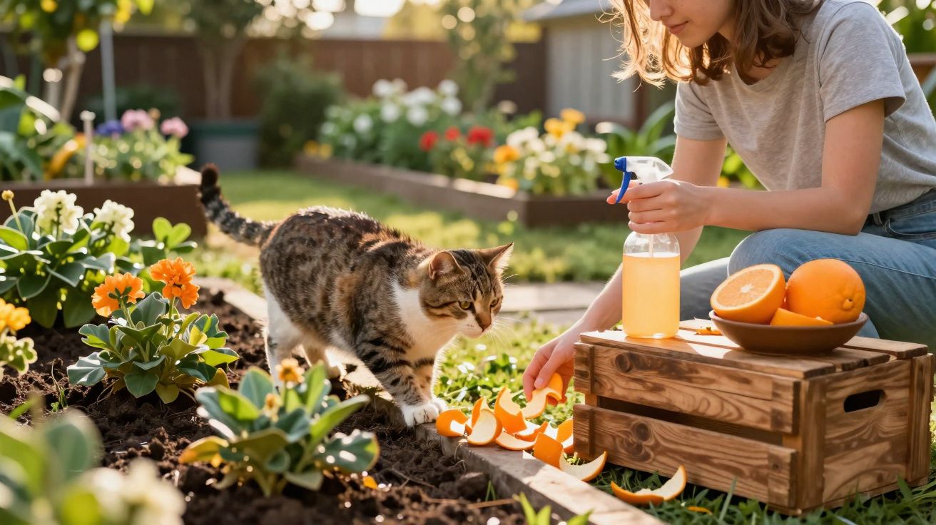 Mulher regando plantas com borrifador e gato observando em jardim com flores e frutas.